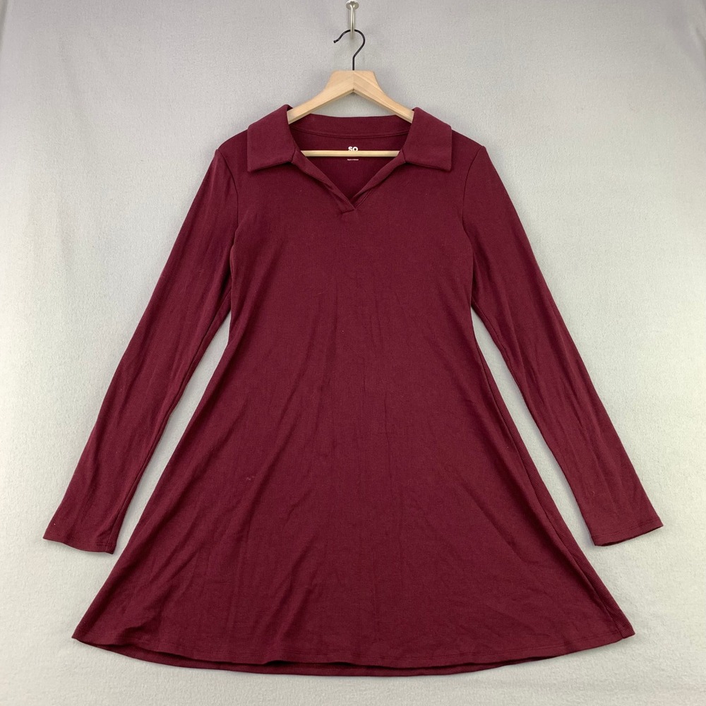 SO Ribbed Knit Polo Dress Womens Large Burgundy Long Sleeve Collared Fit & Flare